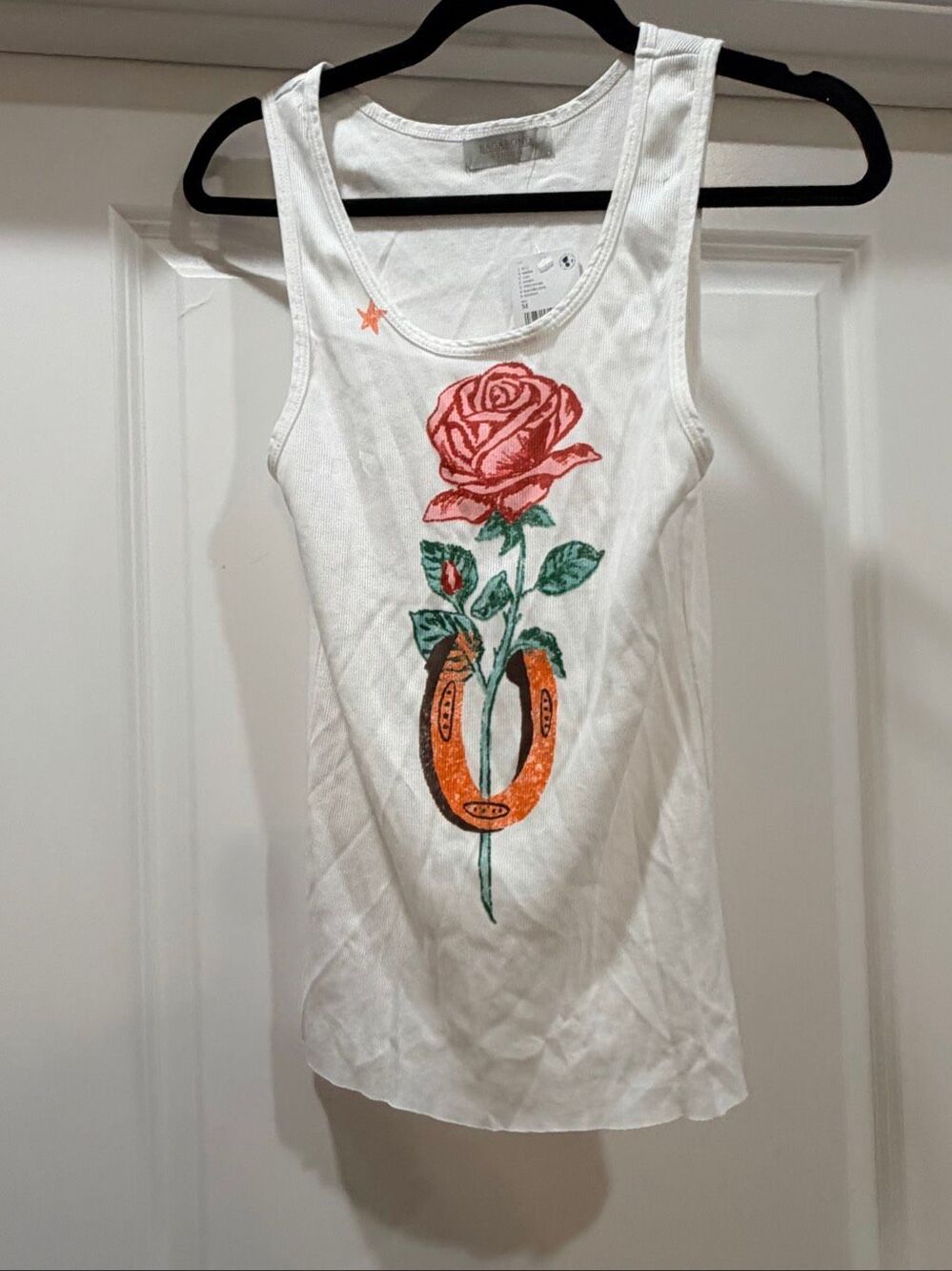 Free People White Graphic Tank Top Rose Horseshoe Muscle Shirt Size Medium M